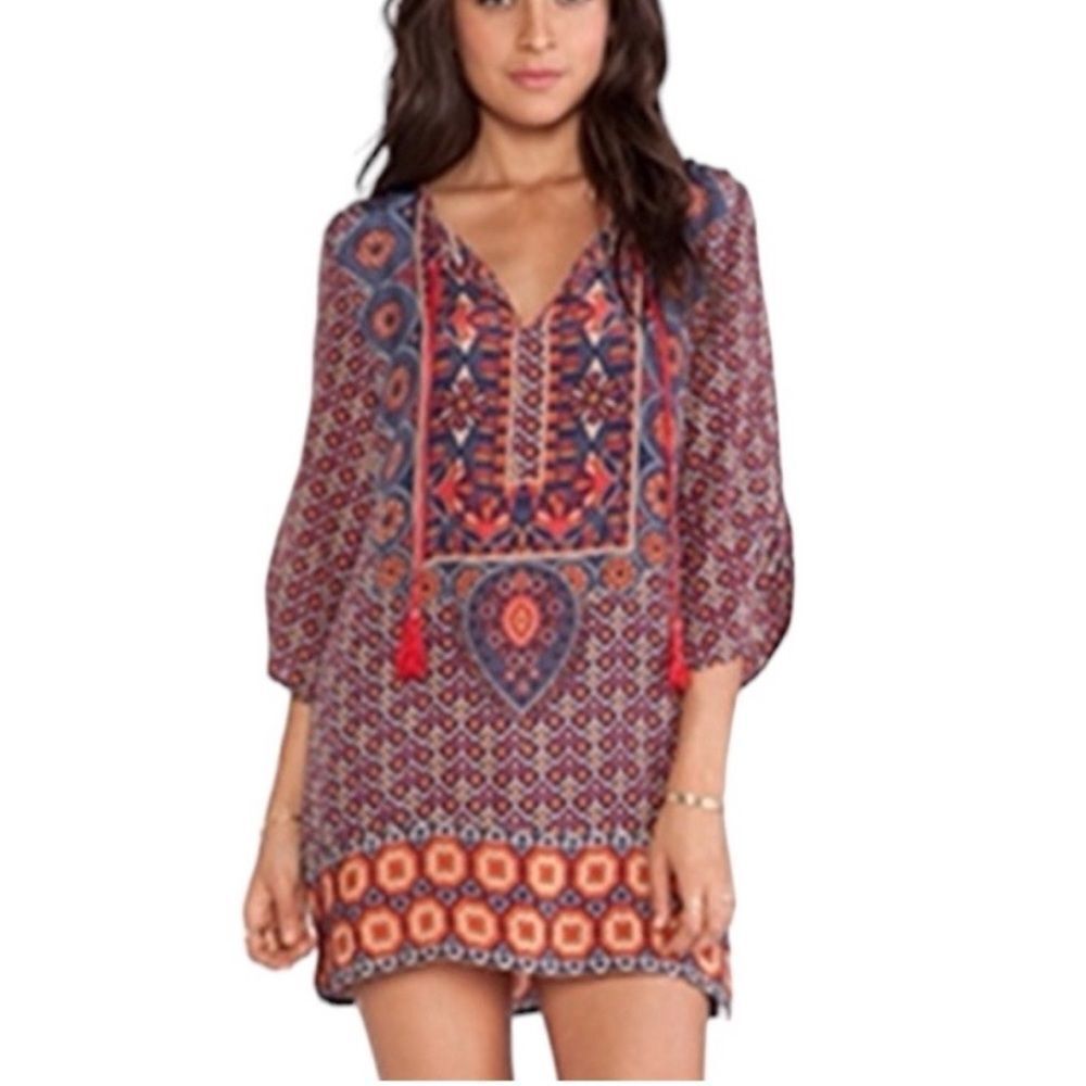 Tolani Silk Multicolor Bohemian tunic Column Dress 3/4 sleeve tie neck women’s m